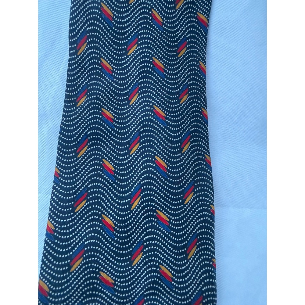 Stefano Milano Silk Tie Navy Blue Wavy Dotted Geometric Red Yellow Blue Italy